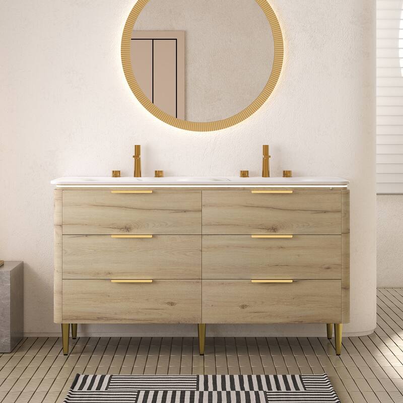 60'' Freestanding Bathroom Vanity with Double Sintered Stone Basins - 59.84'' x 20.47'' x 34.69'' - White Oak and Carrara White
