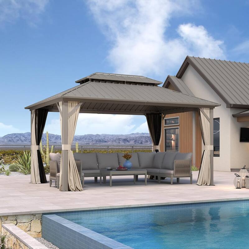 PURPLE LEAF Outdoor Hardtop Gazebo Champagne Metal Frame Galvanized Steel Double Roof with Curtains and Netting for Poolside - 10' x 14' - Gold