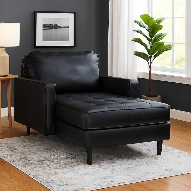 Bryc Chaise Lounge Chair, Classic Black Real and Faux Leather, 64 Inch