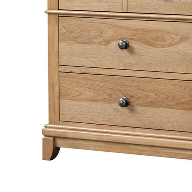 Lexa Wide Dresser, 6 Drawers, Natural Oak Brown Solid Wood, Pewter Metal