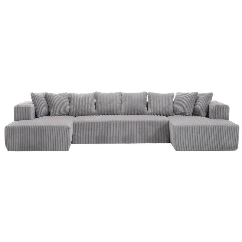 130" 4-Seater Reversible Modular U-Shaped Sofa in Gray Striped Corduroy – Customizable Layout for Living & Bedrooms