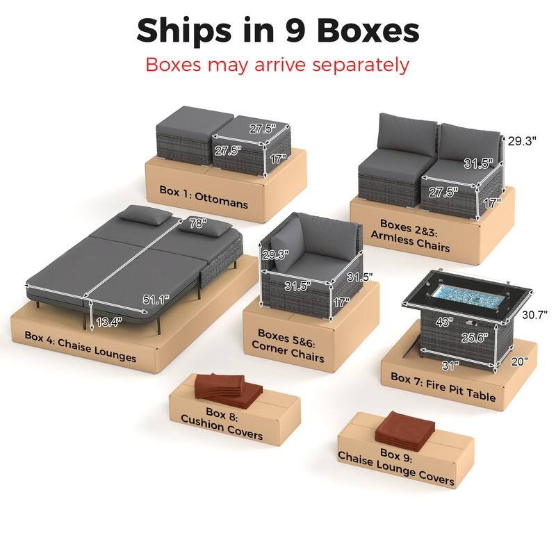 Outdoor Sectional Conversation Set PE Wicker with Double Chaise Lounge, 60,000 BTU Fire Pit Table