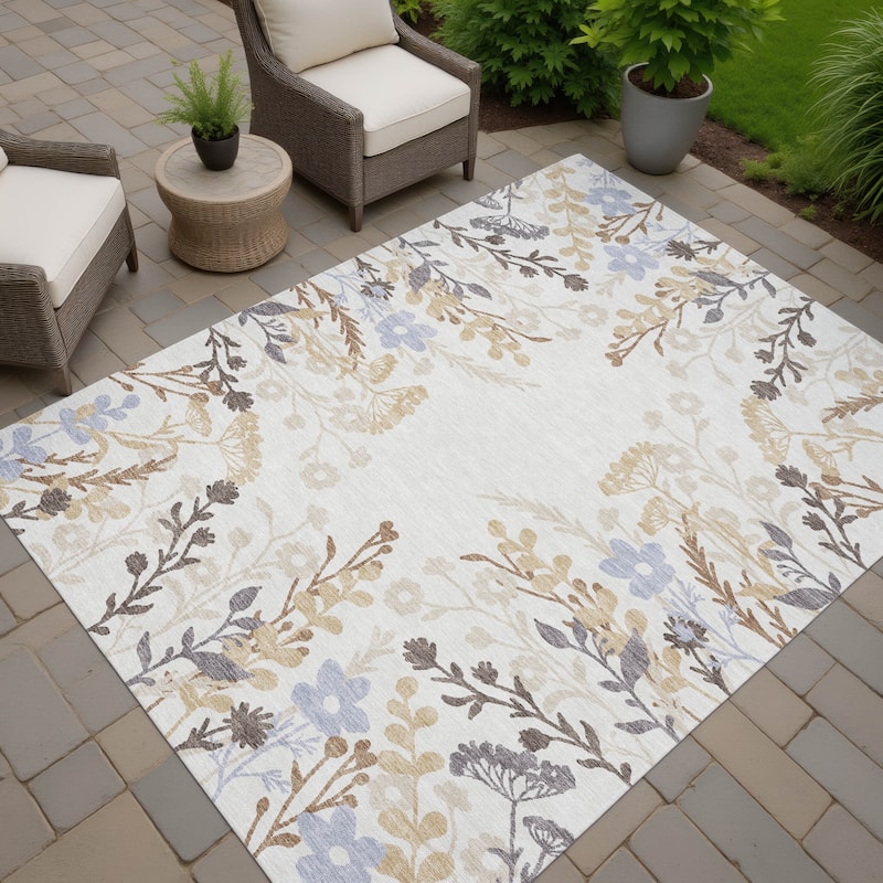 Machine Washable Indoor/ Outdoor Floral Border Chantille Rug - Ivory - 8' x 10'
