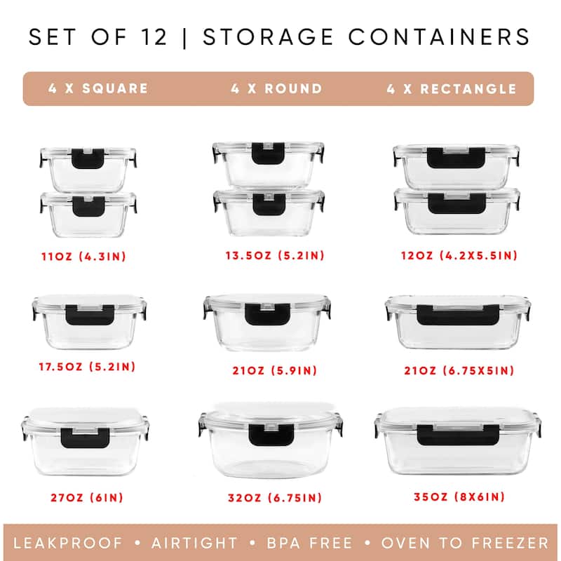 JoyFul 24 Piece Glass Food Storage Containers Set with Airtight Lids