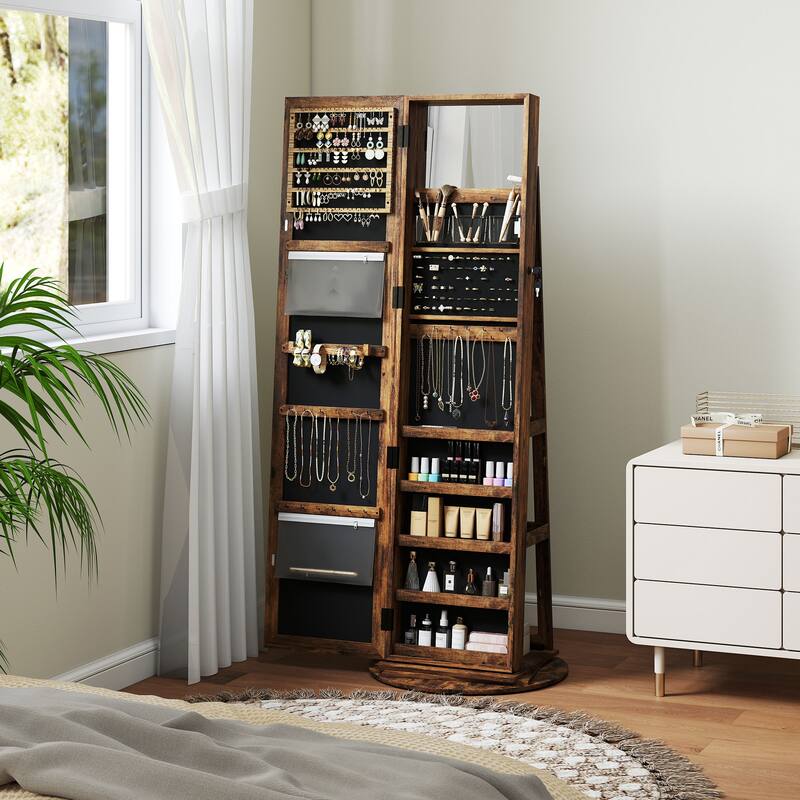 Full-Length Mirror Jewelry Cabinet Rotating Base With Storage - 21.7" W x 21.7" D x 63.4" H