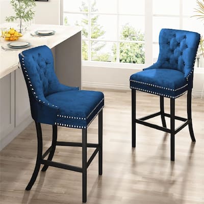 Mieres Farmhouse Kitchen Island Stools, Velvet Tufted Bar Stools with Back and Footrest (Set of 2) - N/A