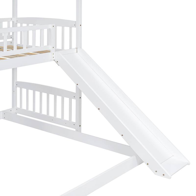 Twin Over Full Bunk Bed with Slide and Storage, White/Gray, Space-Saving Design