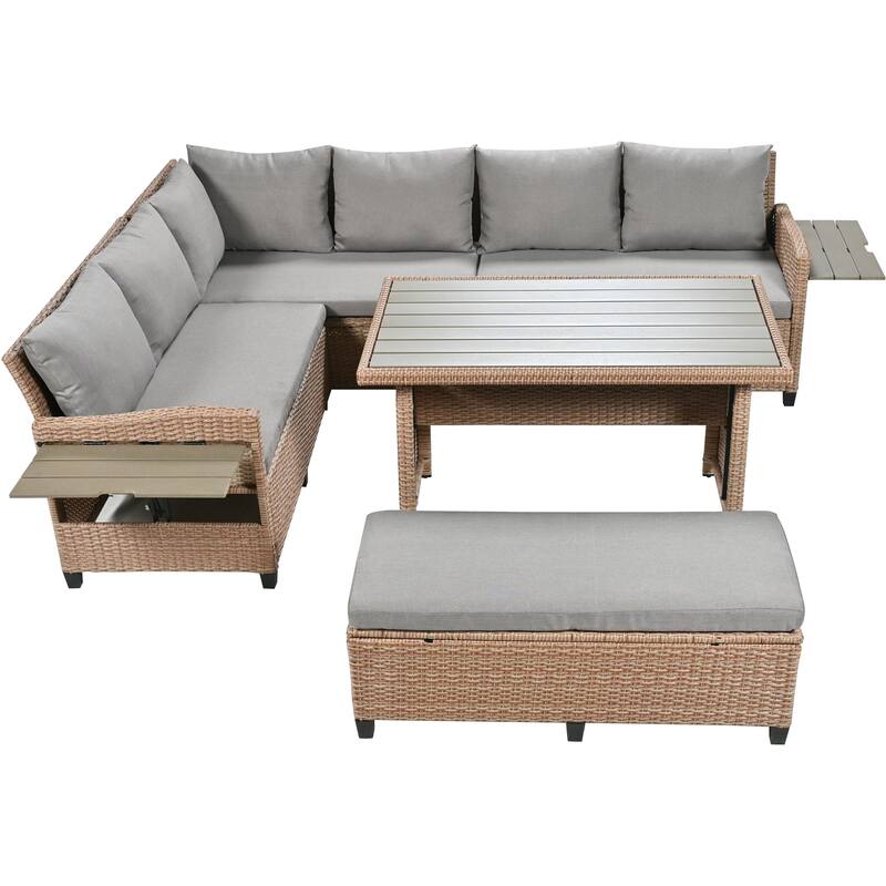 5-Piece Outdoor Patio Rattan Sofa Set - L-Shaped PE Wicker Sectional with 2 Extendable Side Tables, Dining Table