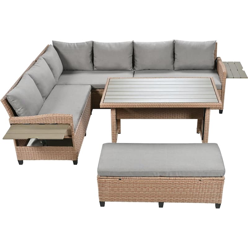 Roomfitters 5-Piece Outdoor Rattan Sofa Set, Patio Sectional Furniture with Dining Table, Storage Bench, Side Trays