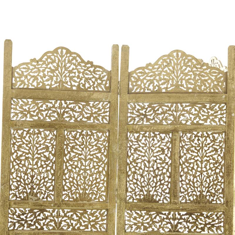 Wooden Floral Handmade Foldable 4 Panel Room Divider Screen with Foiled Intricately Carved Designs - Gold - Roche River Decor