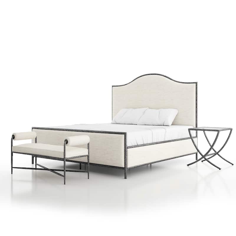 247 Shop At Home Lalia Modern 3-Piece Upholstered Hammered Metal Camelback Bedroom Set with Nightstand and Bench - Matte Grey - King