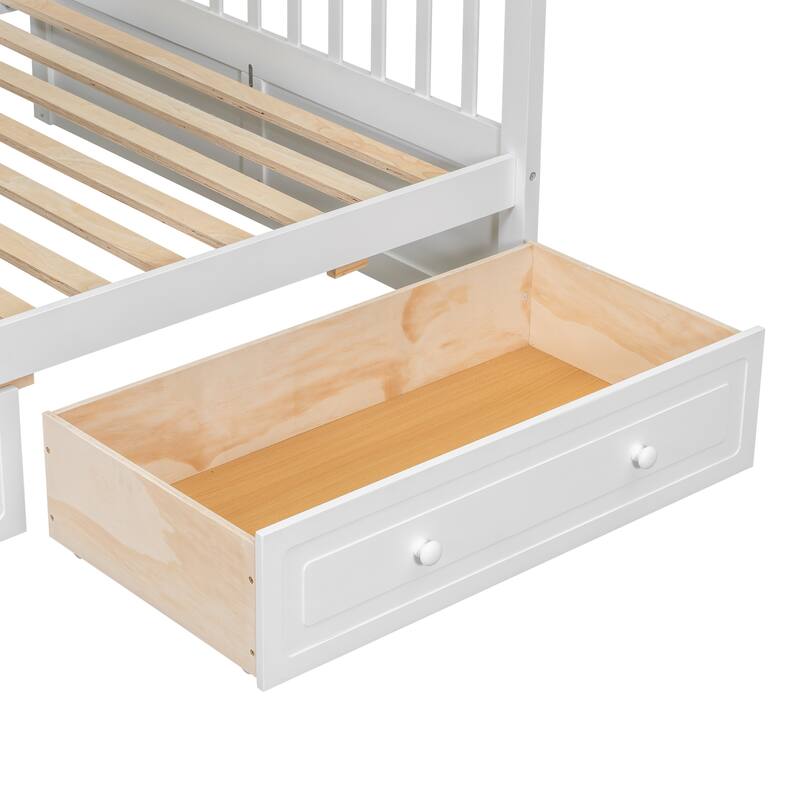 Wooden Storage Bunk Bed Frame with Fence-shaped Guardrails and Pull-out Drawers, Convertible 2 Platform Beds, Detachable Design