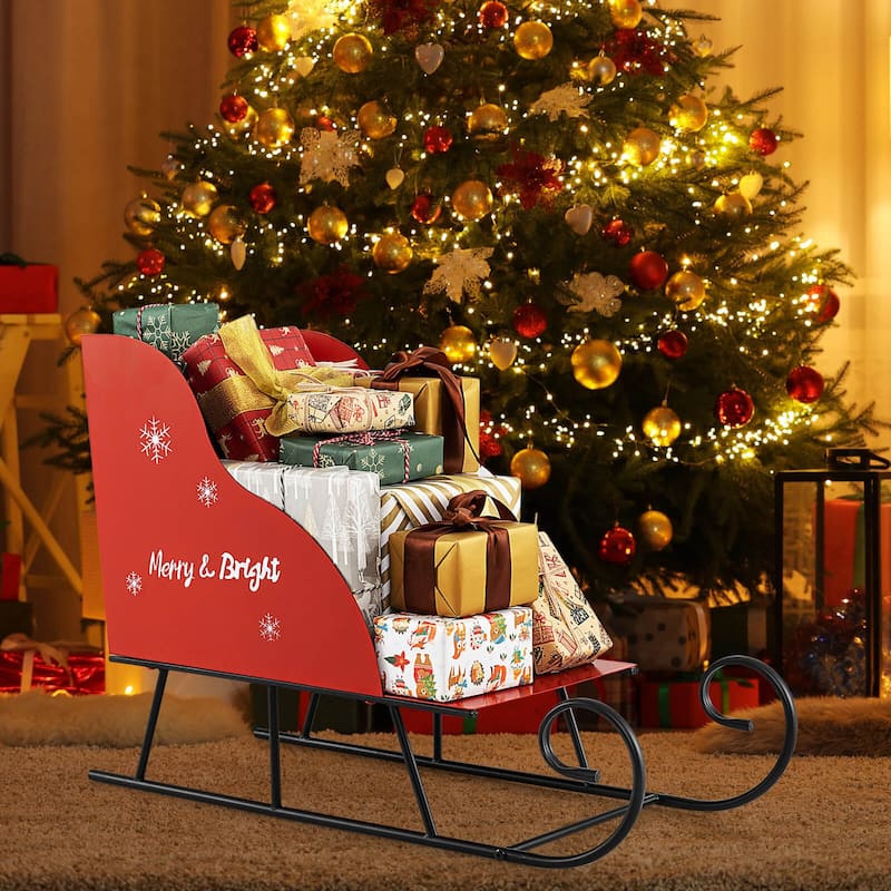 Costway Metal Christmas Santa Sleigh Basket Festive Decorative Sleigh - as pic shows - See Details