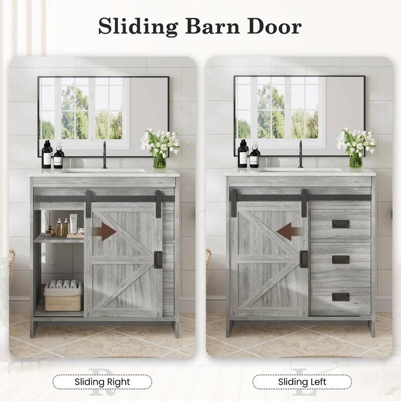 EROMMY Farmhouse Bathroom Vanity with Ceramic Top and Sliding Barn Door Sink Cabinet, Rustic Single Sink Vanity