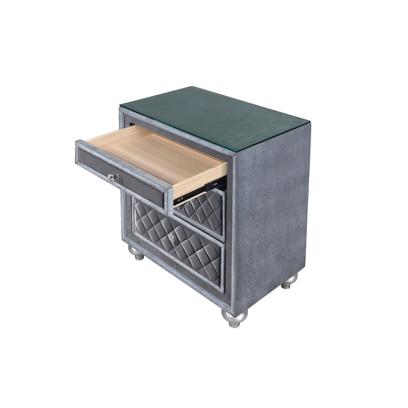 Luxury Upholstered Nightstand, Bedside Storage Cabinet with Velvet Tufted Drawer, Sofa Side Table with Tempered Glass Top