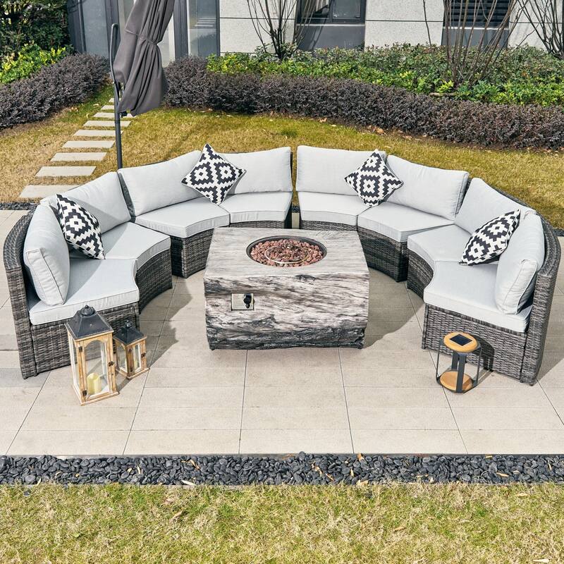 8-Seat Modular Outdoor PE Rattan Sofa Set with Multifunctional Terrafab Composite Fire Pit Table
