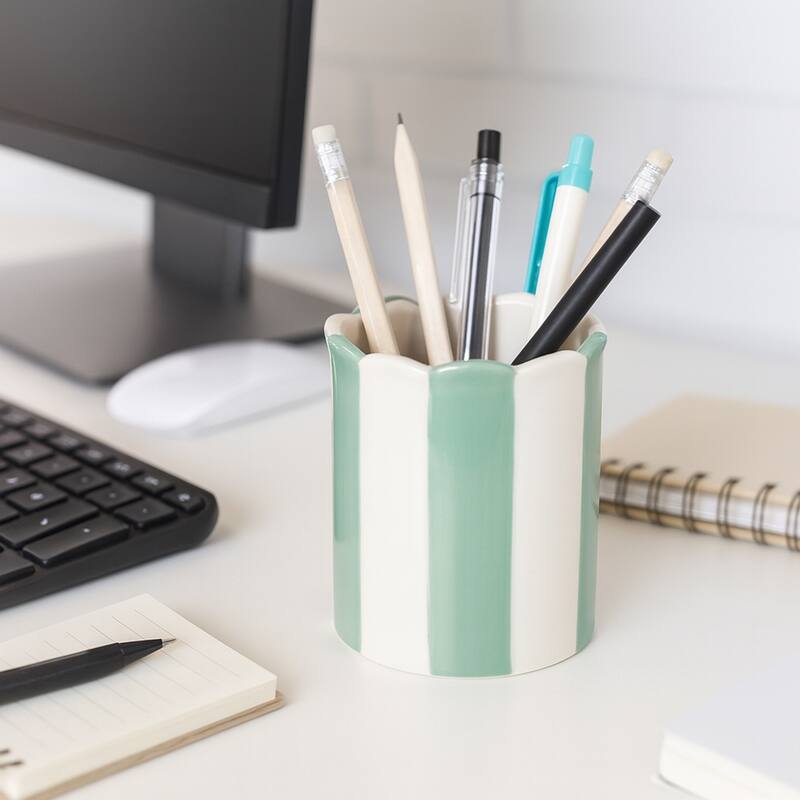 Boho Striped Ceramic Storage Container with Scalloped Rim - 4"