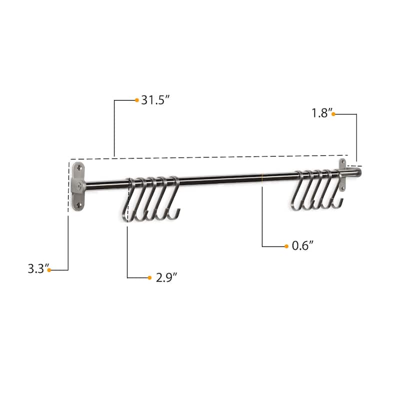 Wallniture Lyon Steel 31.5'' Pot Rack with 10 Hooks, Utensil Holder, Silver