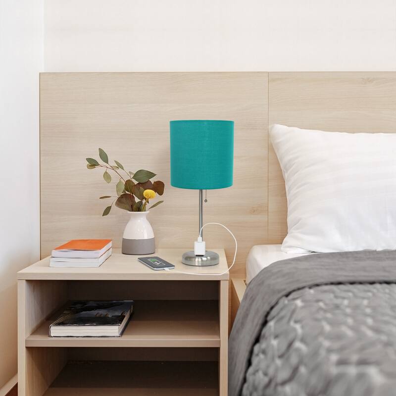 19.5" Power Outlet Metal Lamp in Steel w Aqua Shade