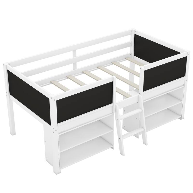 Twin Size Low Loft Bed with Movable Shelves, Ladder, and Chalkboard Guardrail, White