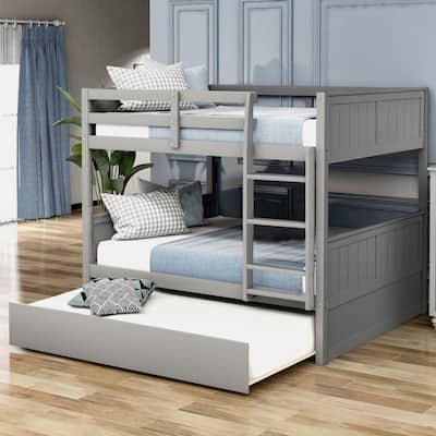 Space-Saving Full Over Full Bunk Bed with Twin Trundle, Solid Wood Frame