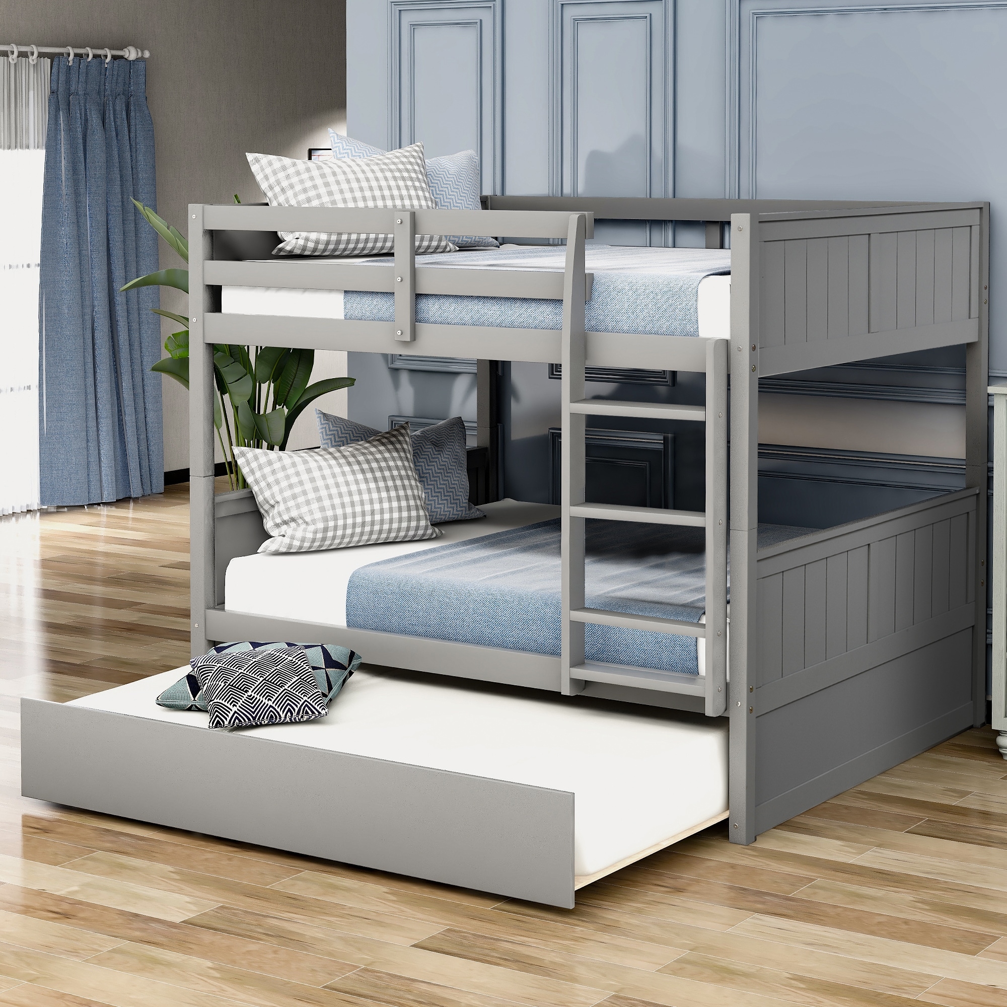 Stylish and Functional Design Wood Bunk Bed with Trundle for Extra Sleeping Space and Safety Guaranteed