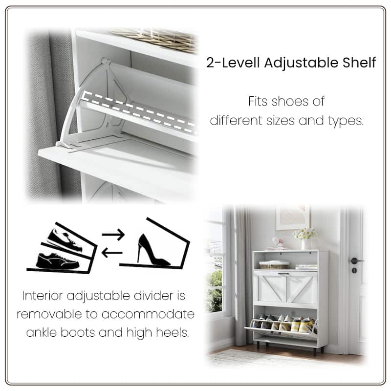 Farmhouse Shoe Storage Cabinet with Barn Door Design, Shoe Organizer with 2 Flip Drawers