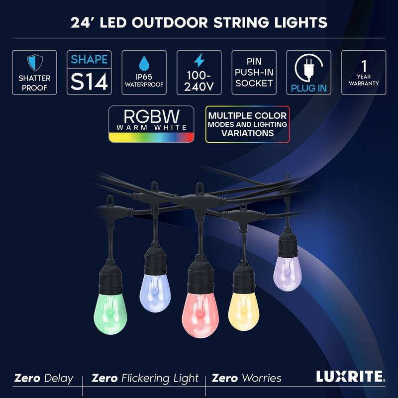 Luxrite 24FT LED RGBW Outdoor String Lights, Remote Control, Commercial Grade, 12 Edison S14 Shatterproof Bulbs, IP65 - 24 FT