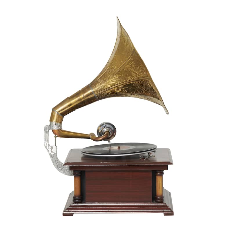 Wood Functional Gramophone with Record - Brown - Roche River Decor