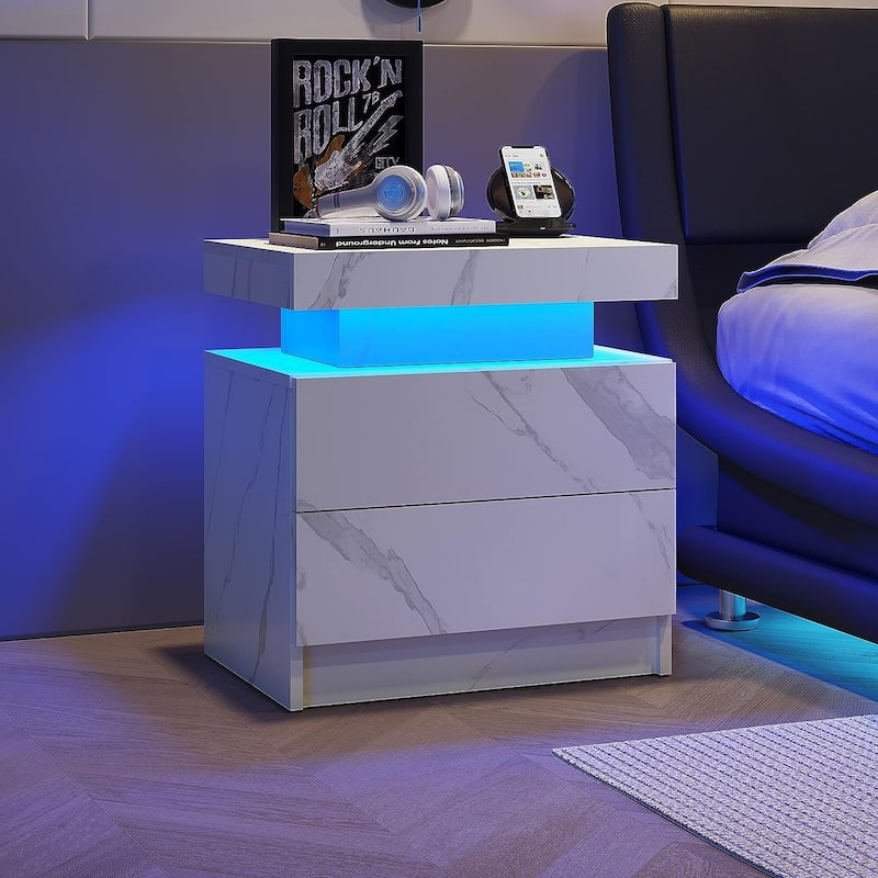 LED Nightstand with 2 Drawers for Bedroom - White Stone