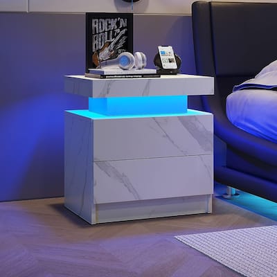 Modern Bedroom Wooden Nightstand/Bedside Table Cabinet with LED Lights and 2 Drawers
