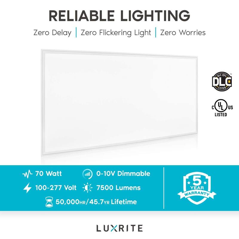 Luxrite 2x4 FT LED Flat Panel Light, 72W, 0-10V Dimmable, 24x48 Inch LED Light Panel, UL Listed, 4-Pack