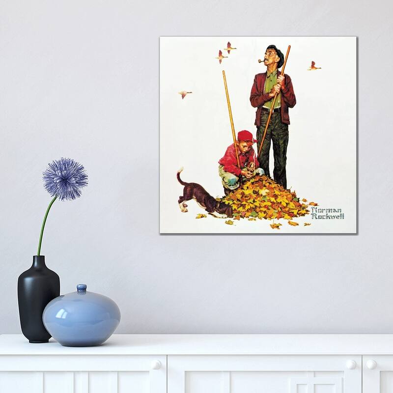 iCanvas "Grandpa and Me - Raking Leaves" by Norman Rockwell Canvas Print - 18x18x1.5