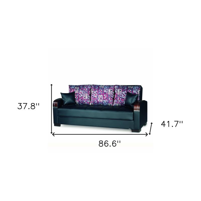 HomeRoots 87" Black Faux Leather Convertible Futon Sleeper Sofa And Toss Pillows With Storage