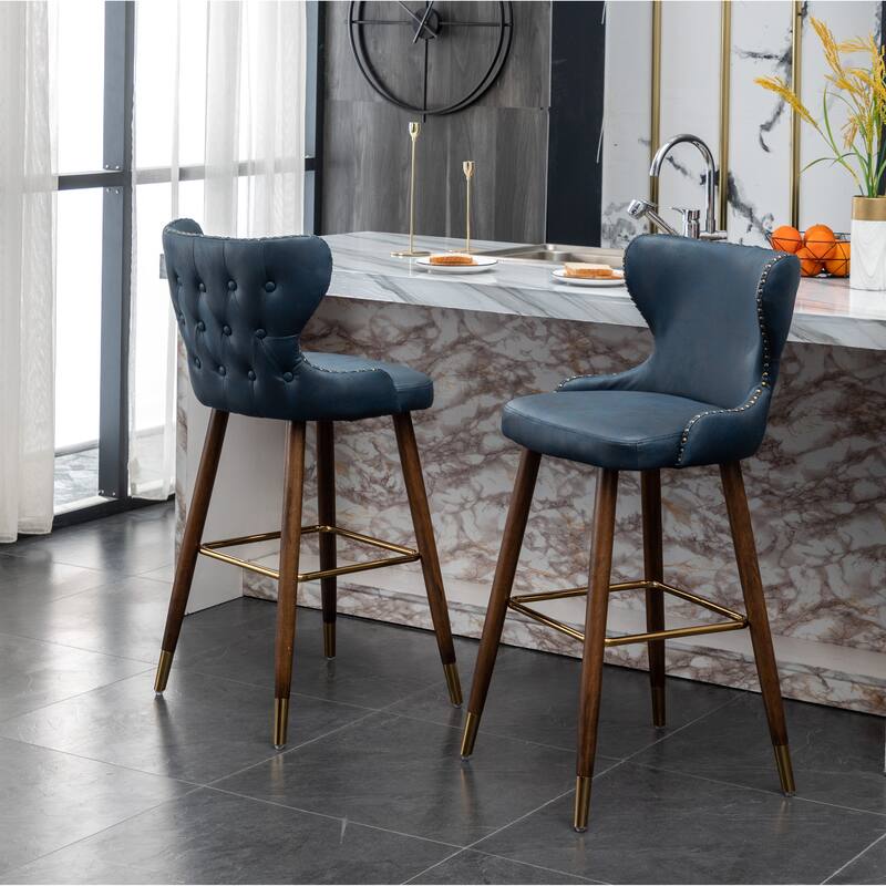 Nailhead Trim High Bar Stool, Faux Leather Bistro Counter Chair with Horn Backrest Kitchen Island Dining Chair, Set of 2