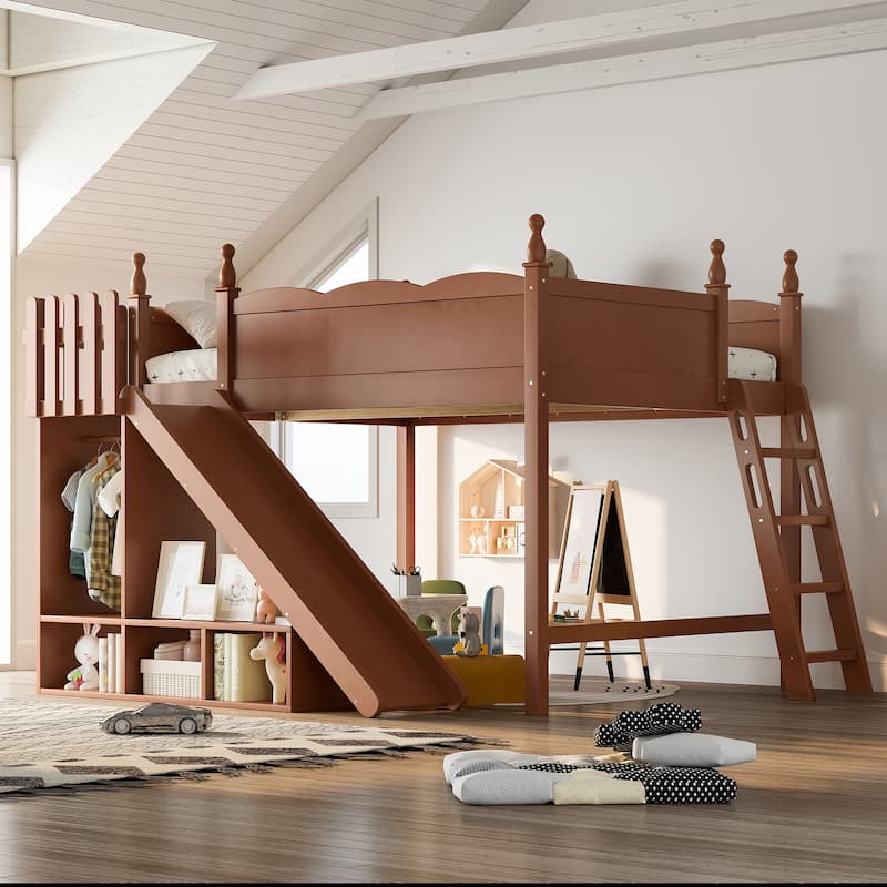 Queen Loft Bed with Storage Shelves and Wardrobe, Solid Wood Loft Beds with Detachable Slide and Ladders, No Spring Box Needed - Antique Natural