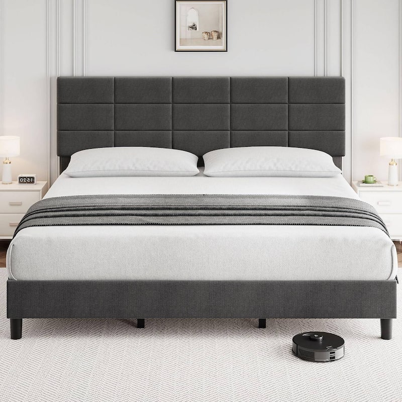 Linen Upholstered Bed Frame with Wooden Slats Support