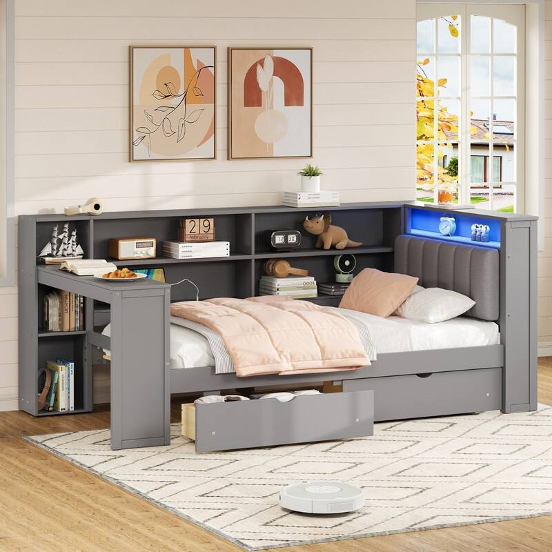 Twin Size Wood Platform Bed with Shelves, Drawers, Charging Station, LED, Desk and Upholstered Headboard - Grey