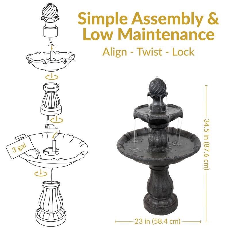 Sunnydaze Two Tier Solar-on-Demand Fountain, 35 Inch Tall - 35-Inch