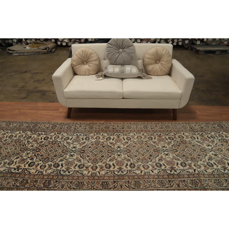 Hand Knotted Oriental 100% Wool Carpet Traditional Floral Beige & Ivories Kashan Runner Rug - 12' 8'' X 3' 3''