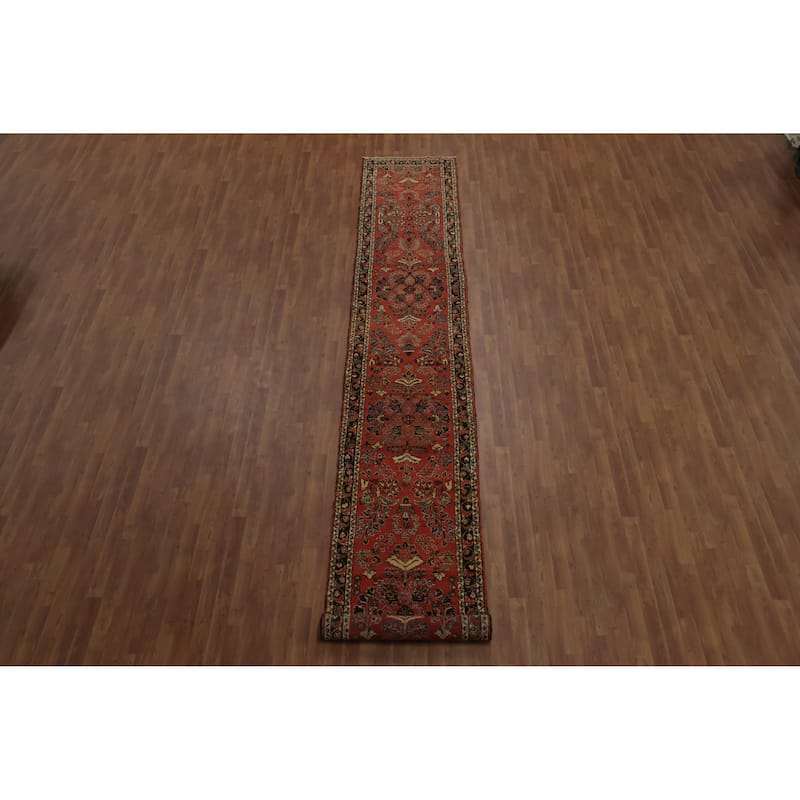 Hand Knotted Oriental 100% Wool Carpet Traditional Floral Oranges & Rust Hamedan Runner Rug - 17' 9'' X 2' 9''