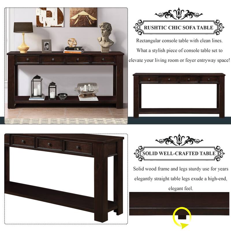 Pine Wood Console Table with 4 Drawers and Bottom Shelf for Entryway Hallway