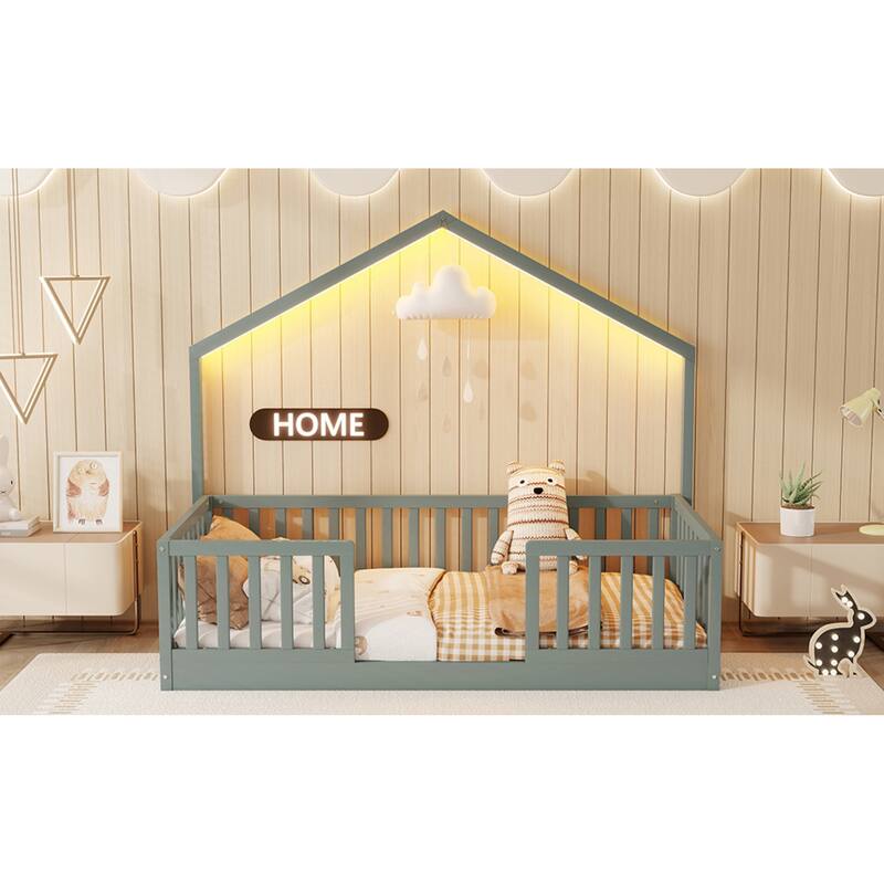 Roomfitters Twin/Full Floor Platform Bed, House Frame and LED Light with Wooden High Rails for Bedrooms or Guest Rooms