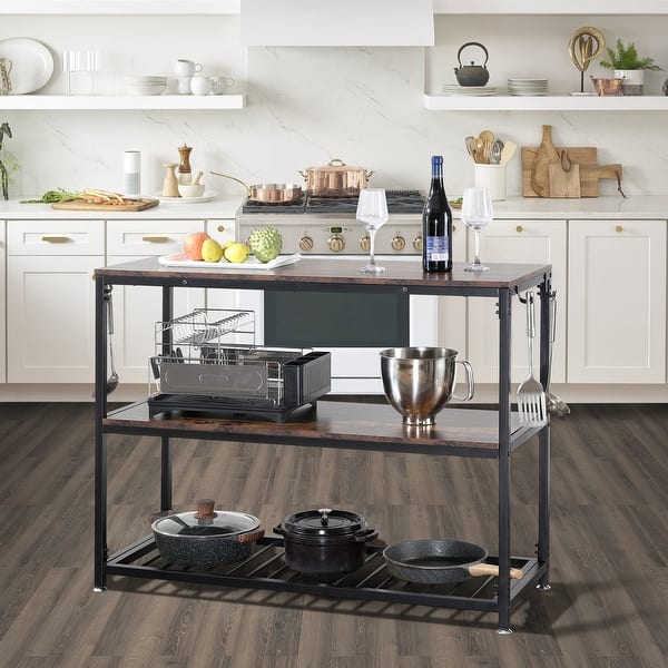 Farmhouse Kitchen Island with Open Storage Shelves and Hooks - Bed Bath ...