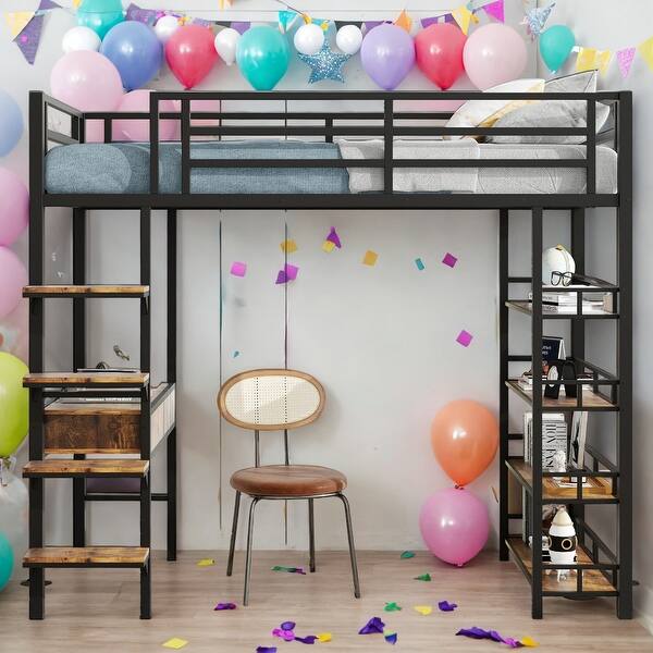 slide 2 of 10, 3 in 1 Design Black Metal Twin Size Loft bed with Desk and Shelves Black