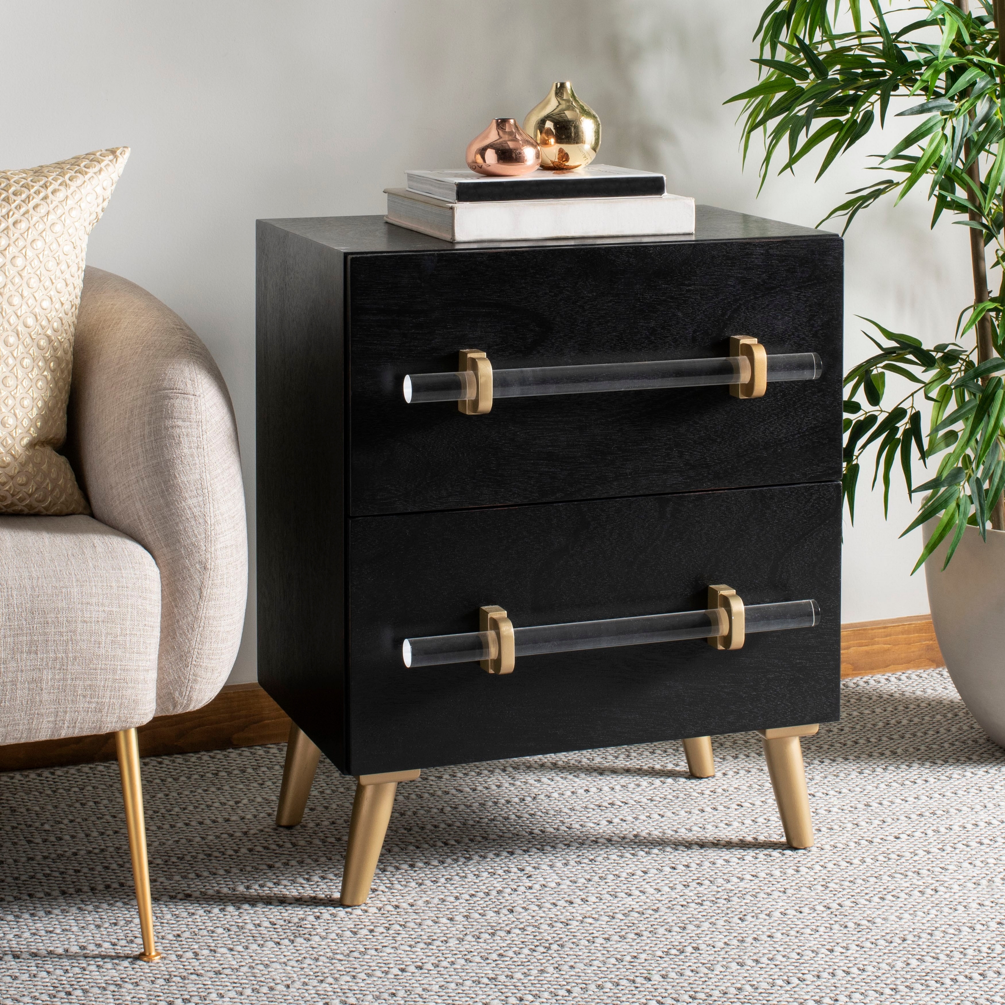 Black And Gold Nightstand 3 Drawer Nightstand With Waved Recessed