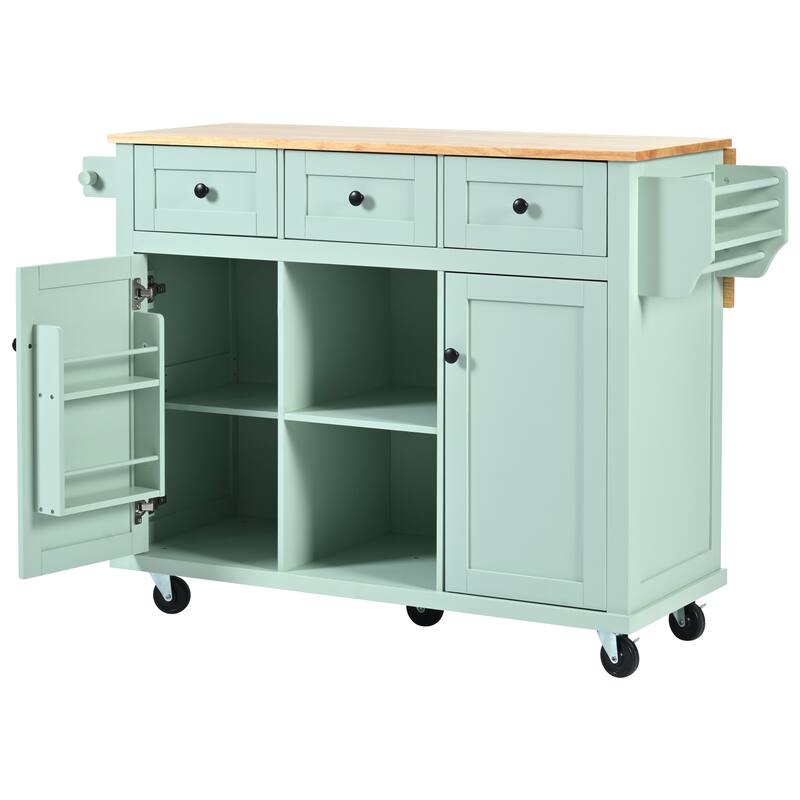 Rolling Kitchen Island with Drop-Leaf, Adjustable Storage, 5 Wheels, and 3 Drawers