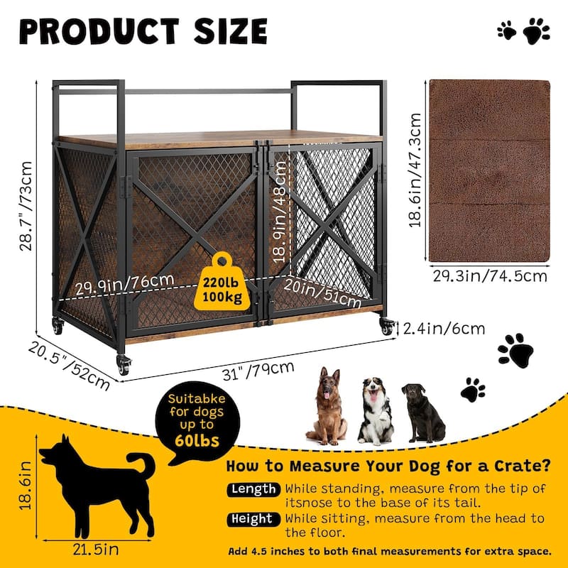 Dog Crate Furniture with Cushion, Double Doors, End Table Design