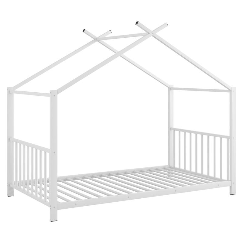 Twin Size White Metal House Platform Bed with Slat Kit, Easy Assembly