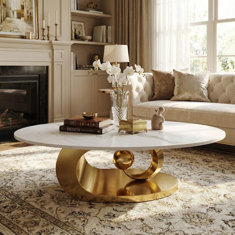 Homy Casa Luxury Oval Coffee Table, High-Gloss Faux Marble Top, Electroplated Brushed Stainless-Steel Sculptural Christmas Gift - Gold - Marble